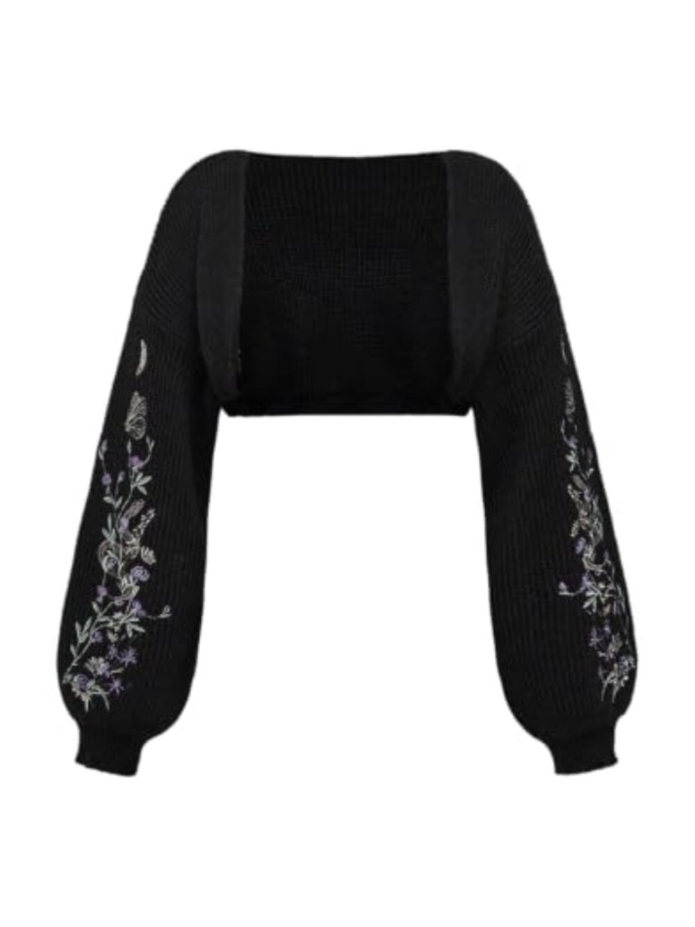Floral Embroidered Open Front Cropped Cardigan Long Sleeve Boho Shrug